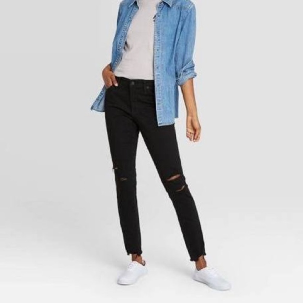 Universal Thread | Mid Rise Factory Distressed Black Denim Skinny Mom Jeans